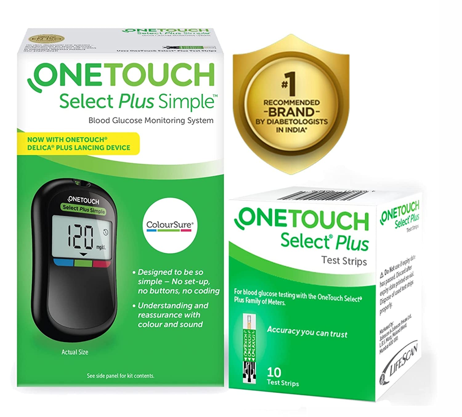 OneTouch Select Plus Simple Glucometer, Free 10 Strips