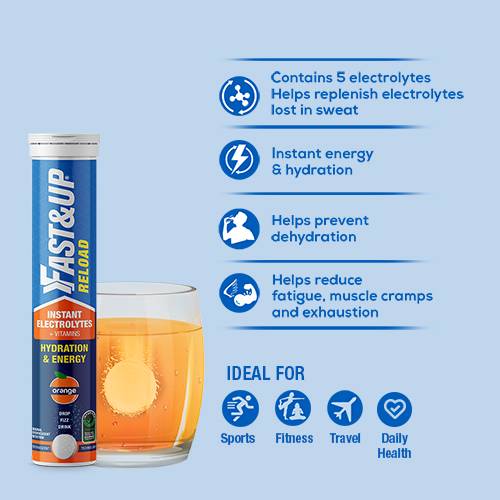  FAST&UP Reload O.R.S, Effervescent Electrolyte Tablets for Daily Rehydration, Orange Flavour - 20 Effervescent Tablets, Blue