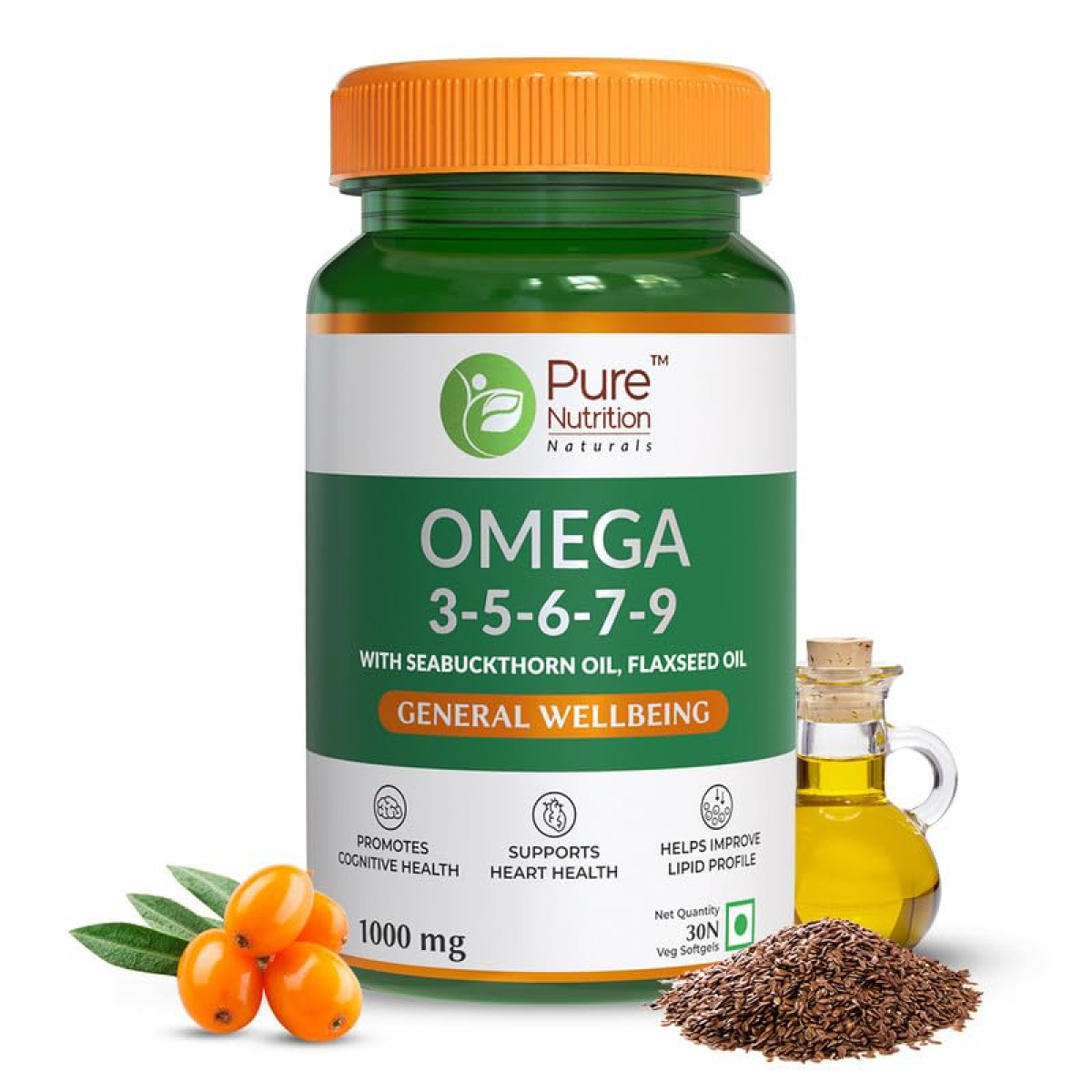 Pure Nutrition Omega 3-5-6-7-9 (1000mg) with Seabuckthorn and Flaxseed Oils - 30 Vegetarian Softgels